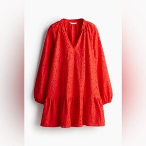 H&M Red Eyelet BRODERIE ANGLAISE Tunic Dress /Coverup Coquette unlined loose-fit